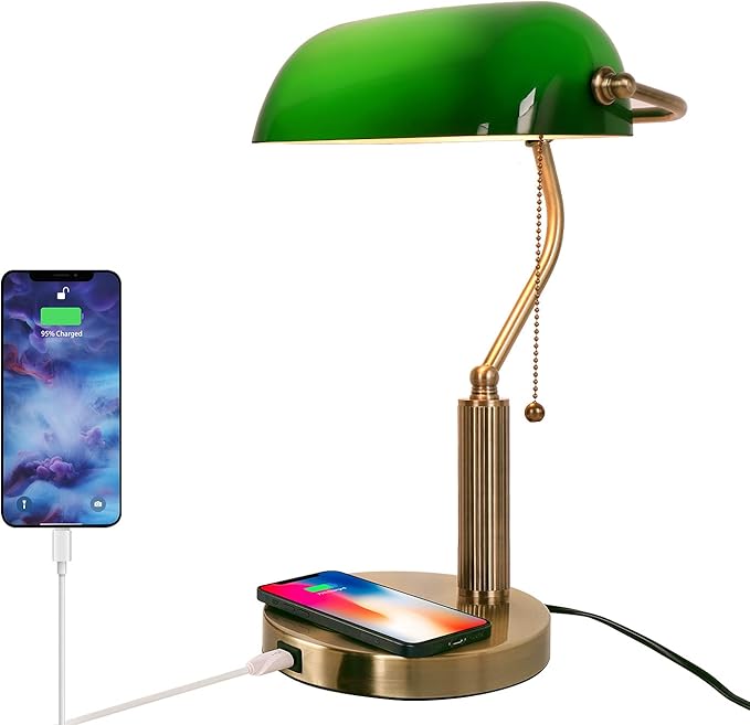 FIRVRE Glass Bankers Desk Lamp USB Wireless Charging Port LED Desk Lamp Classic Retro Pull Chain Switch Table lamp Reading Modern for Home Office nightstand Bedside Study Desk Library (Green) - LeafyLoom