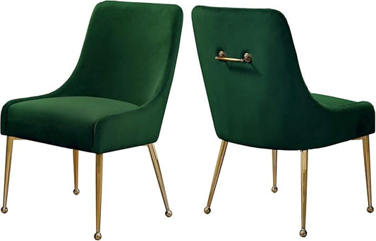 Meridian Furniture Owen Collection Modern | Contemporary Velvet Upholstered Dining Chair with Polished Gold Legs, Set of 2, 24" W x 21" D x 34.5" H, Green - LeafyLoom