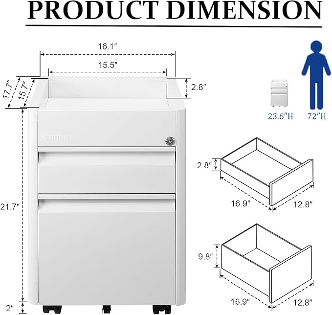 2 Drawer Mobile File Cabinet Top Storage Shelf, Rolling Metal Filing Cabinet for Legal & Letter File Anti-tilt Design with Lock Under Desk Office Drawers Fully Assembled Except Casters(Top ST W) - LeafyLoom