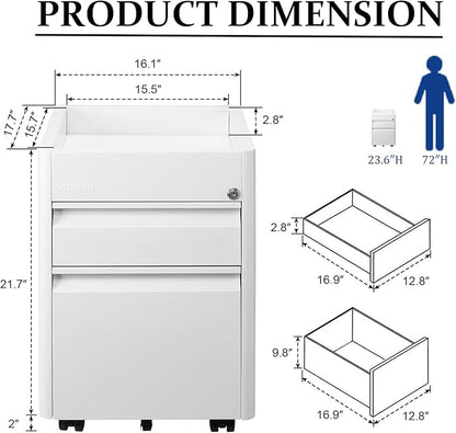 2 Drawer Mobile File Cabinet Top Storage Shelf, Rolling Metal Filing Cabinet for Legal & Letter File Anti-tilt Design with Lock Under Desk Office Drawers Fully Assembled Except Casters(Top ST W) - LeafyLoom