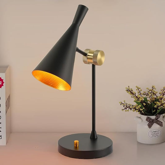 Vintage Industrial Table Lamp For bedroom, Adjustable Dimmable Desk Lamp, Brass Inner Shade Metal Table Lamp for Study, Home Office, Bedside, Nightstand, Reading Lamp Modern Mid-century, Black - LeafyLoom