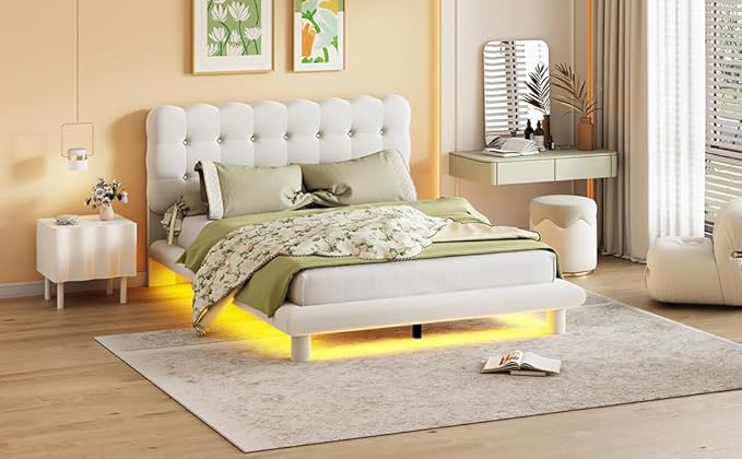 RITSU Queen Size Velvet Fabric Platform Bed, Solid Wood Bedframe with LED, Button Tufted Headboard, includes 16 Colors Lights Can Remote Control, No Box Spring Needed, Beige - LeafyLoom