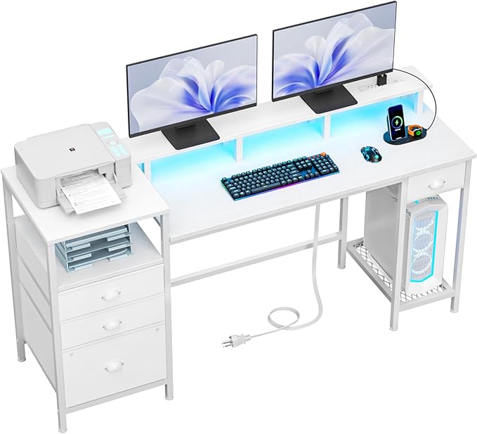 Furologee White Computer Desk with Drawers, 60" Office Long Desk with Fabric File Cabinet and Power Outlets, Gaming Desk with LED Lights, Study Writing Work Desk for Home Office, White - LeafyLoom