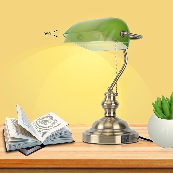 FIRVRE Green Glass Bankers Lamp, Retro Lamp with USB and Type C Charging Ports, Pull Chain Switch Desk Lamp with Brass Base, Vintage Desk Lamp for Home Office Workplace Study Room Bedroom - LeafyLoom