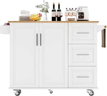 soges Mobile Kitchen Island with Storage and Drop Leaf on Wheels, Rolling Kitchen Island Table Cart with 3 Drawers and Large Storage Cabinets, Spacious Desktop, Adjustable Shelves, White - LeafyLoom