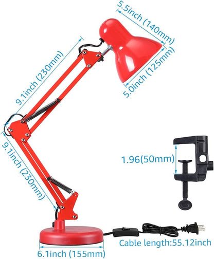 TORCHSTAR Metal Swing Arm Architect Desk Lamp with Clamp, Adjustable Gooseneck Table Lamp, Clip Desk Lights for Home Office, Work, Study, Reading, E26 Base, Multi-Joint, Red - LeafyLoom