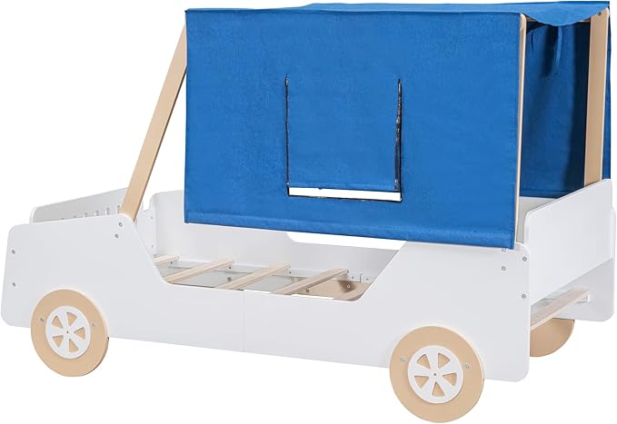 Full Size Race Jeep Car Bed Platform Bed with Tent Canopy and Wheels,Wood Bed Frame W/Raised Bed Design,for Kids Boys Girls Teens,White+Natural - LeafyLoom