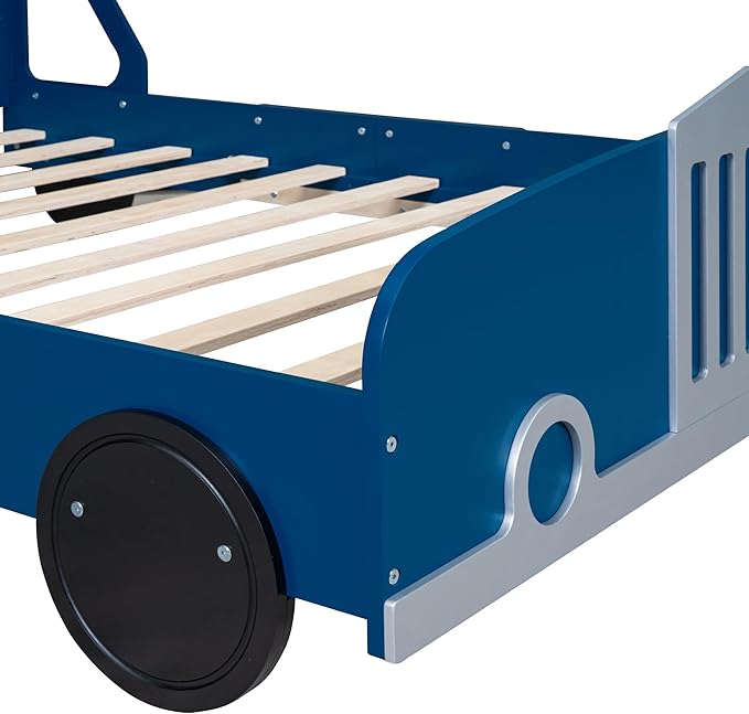 Full Size Car-Shaped Bed Frame for Kids,Wooden Platform Bed with Wheels and Side Rails for for Boys Girls,Wood Slat Supports,No Box Spring Needed,Blue - LeafyLoom