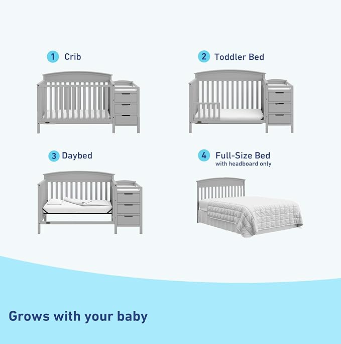 Graco Benton 5-in-1 Convertible Crib and Changer (Pebble Gray) – Crib and Changing Table Combo, Includes Water-Resistant Changing Pad, 3 Drawers, Converts to Toddler Bed, Daybed and Full-Size Bed - LeafyLoom