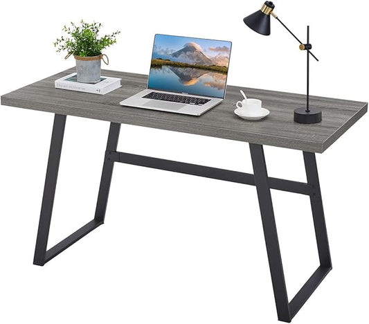 BON AUGURE 55 inch Modern Writing Desk, Rustic Computer Desk for Home Office, Sturdy Simple Wood and Metal Desk, Industrial Work Study Table (Dark Grey Oak) - LeafyLoom