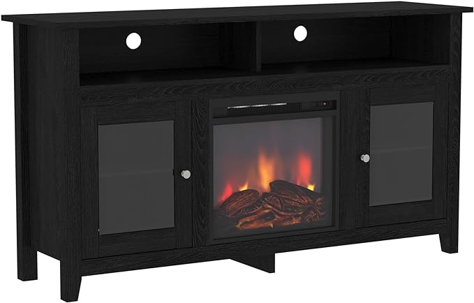 Walker Edison Glenwood Rustic Farmhouse Glass Door Highboy Fireplace TV Stand for TVs up to 65 Inches, 58 Inch, Black - LeafyLoom