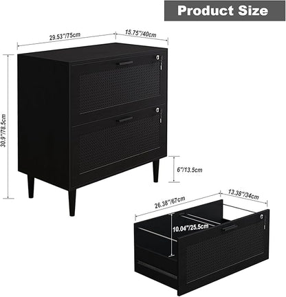 2 Drawer File Cabinet, Lateral File Cabinet with Lock, Rattan Wood Filing Organization Cabinet for Home Office, Black - LeafyLoom