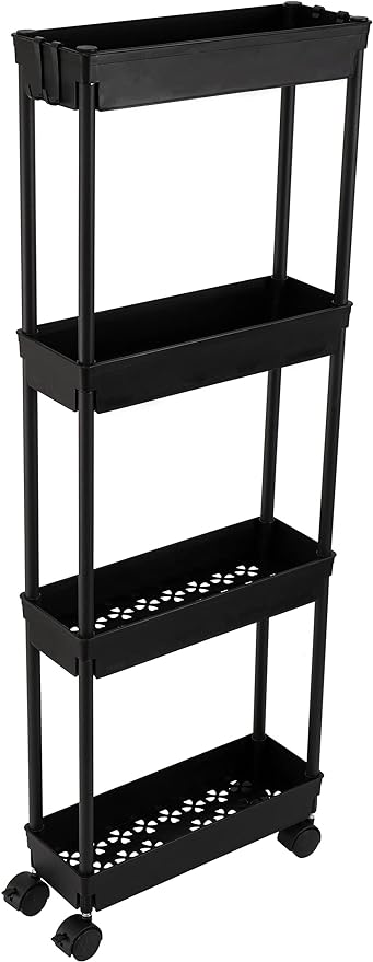 Sooyee 4 Tier Slim Storage Cart,Rolling Storage Cart,Narrow Shelf,Bathroom Rack,Mobile Shelving Unit Organizer for Kitchen, Bathroom, Laundry Room, Black - LeafyLoom