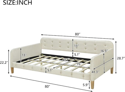 Twin Size Velvet Upholstered Dayed with 4 Support Legs,Multifunction Solid Wood Bed Frame,W/Backrest and Armrests,No Box Spring Needed,for Living Room Dormitory Apartment,White - LeafyLoom