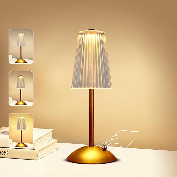 Portable Crystal Table Lamp,Cordless Metal Vintage Desk Lamp,3 Color Touch Control Rechargeable Lamp,3-Levels Brightness Room Decor Desk Lamp,Living Room,Kitchen,Dining Room Lamp (Gold-4) - LeafyLoom