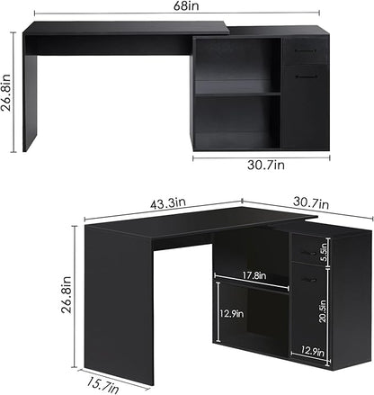 L-Shaped Rotating Computer Desk with Storage Shelves 68 inch Home Office Desk Corner with Drawers and File Cabinet Multipurpose Study Writing Table for Bedroom Small Space Black - LeafyLoom