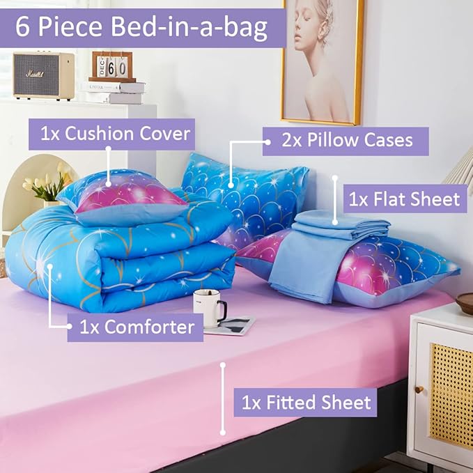 URBONUR 6 Pcs Mermaid Comforter Set Twin Size Gradient Pink and Blue Twin Bedding Sets for Girls/Kids/Teen, Colorful Glitter Printed Bed in a Bag Comforter with Sheet Set - LeafyLoom