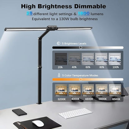 Hapfish LED Desk Lamp for Home Office, 24W Brightest 31Inch Monitor Light Bar, 5 Color Modes and Dimmable, Eye Protection Modern Clamp Table Lamps for Study Monitor Office - LeafyLoom