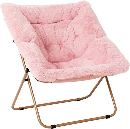 Tiita Comfy Saucer Chair, Soft Faux Fur Oversized Folding Accent Chair, Lounge Lazy Chair for Kids Teens Adults, Metal Frame Moon Chair for Bedroom, Living Room, Dorm Rooms, X-Large Pink - LeafyLoom