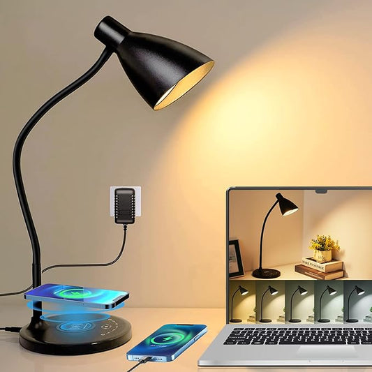 KAiSnova LED Desk Lamp with Wireless Charger, Desk Lamp with USB Charging Port, 5 Colors 7 Brightness Levels Desk Light for Home Office, Eye-Caring Touch Table Lamp for Bedside College Dorm Bedroom - LeafyLoom