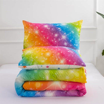 Holawakaka Girls Ombre Glitter Comforter Set, Twin Size Gradient Rainbow Galaxy Print Kids Bedding Sets, Multi-Color Ultra-Soft Dorm Bed Set (Multi-color,Twin) - LeafyLoom