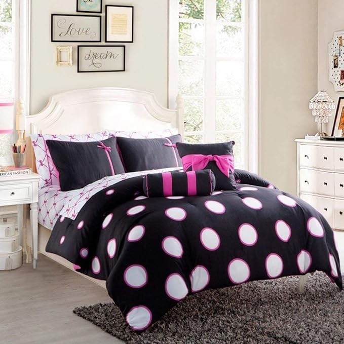 VCNY Home - Twin Bed in a Bag, 8-Piece Bedding Set with Matching Sheets & Bedskirt, Dorm Room Essentials, Cozy Chic Home Decor (Sophie Black/Pink, Twin) - LeafyLoom