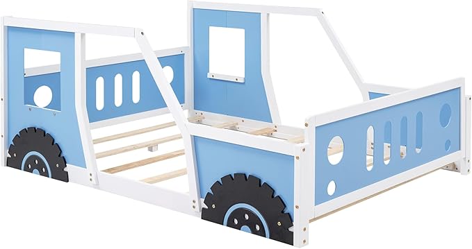 Full Size Classic Car-Shaped Platform Bed with Wheels,Wooden Floor Bedframe W/Door Design,Fun Play Toy Car Furniture for Boys Kids Toddlers Child's Bedroom,Blue - LeafyLoom