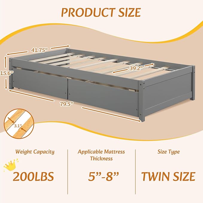 Twin Bed with 2 Storage Drawers, Solid Pinewood Twin Size Bed Frame,for Boys/Girls/Teens Bedroom, Easy to Assemble, No Box Spring Needed,Grey - LeafyLoom