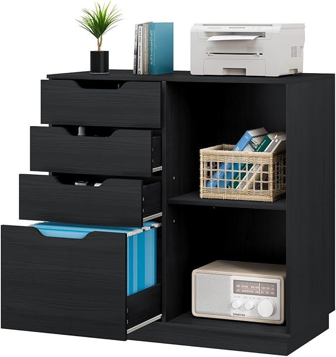 4 Drawers Lateral File Cabinet, Wood Filing Cabinet, Printer Stand with Open Storage Shelves for Home Office, 6 Compartments, Black - LeafyLoom