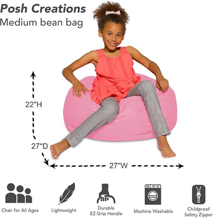 Posh Creations Bean Bag Chair for Kids, Teens, and Adults Includes Removable and Machine Washable Cover, Solid Pink, 27in - Medium - LeafyLoom