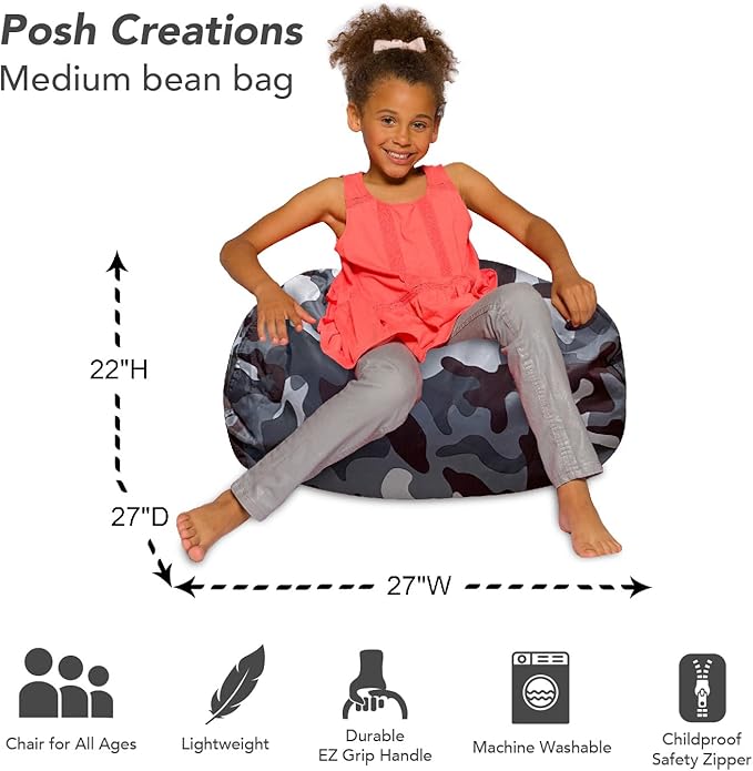 Posh Creations Bean Bag Chair for Kids, Teens, and Adults Includes Removable and Machine Washable Cover, Soft Nylon - Camo Dark and Black Gray, 27in - Medium - LeafyLoom