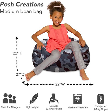 Posh Creations Bean Bag Chair for Kids, Teens, and Adults Includes Removable and Machine Washable Cover, Soft Nylon - Camo Dark and Black Gray, 27in - Medium - LeafyLoom