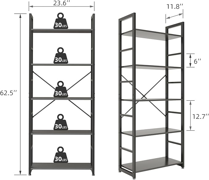 COTUBLR 5 Tier Bookshelf 24 Inch Bookcase Book Shelf Organizer Modern Tall Bookshelf Book Case Ladder Bookshelves Book Storage for Bedroom, Living Room, Home Office, Kitchen (Black) - LeafyLoom