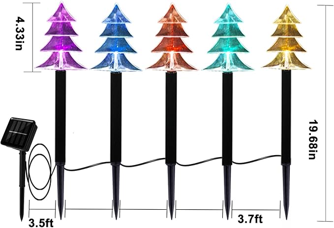 Christmas Solar Pathway Lights, Set of 5 Waterproof Landscape Christmas Lights, Stake Christmas Decorations, LED Lights for Yard Lawn Patio Walkway Decor (5PCS-Multi Colors-Tree) ILLUMINEW