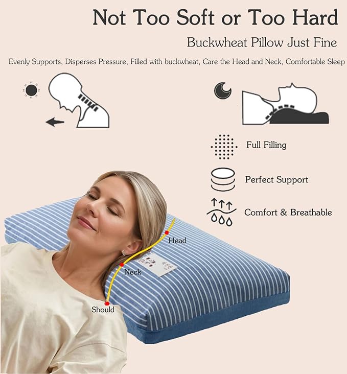 Buckwheat Bed Pillow for Sleeping Cervical Support Buckwheat Hull Pillow, Cooling Firm Buckwheat Neck Pillow,Adjustable Loft, Removable Pillowcase, Blue 24"X14" - LeafyLoom