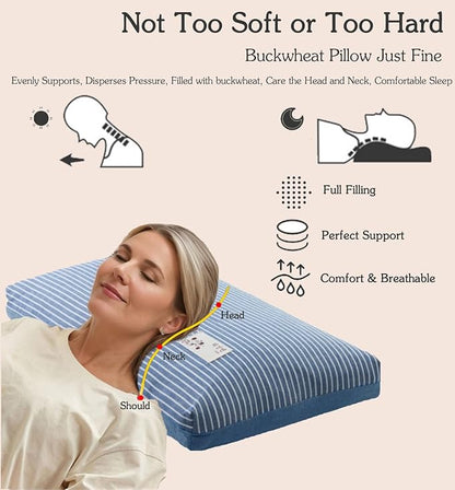 Buckwheat Bed Pillow for Sleeping Cervical Support Buckwheat Hull Pillow, Cooling Firm Buckwheat Neck Pillow,Adjustable Loft, Removable Pillowcase, Blue 24"X14" - LeafyLoom