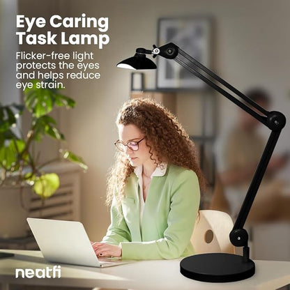 Neatfi XL 2,200 Lumens LED Task Lamp, 24W Super Bright Desk Lamp, 117 Pcs SMD LED, 4 Level Brightness, Dimmable, Task LED Light for Home, Office, Workbench (Non-CCT with Base, Black) - LeafyLoom