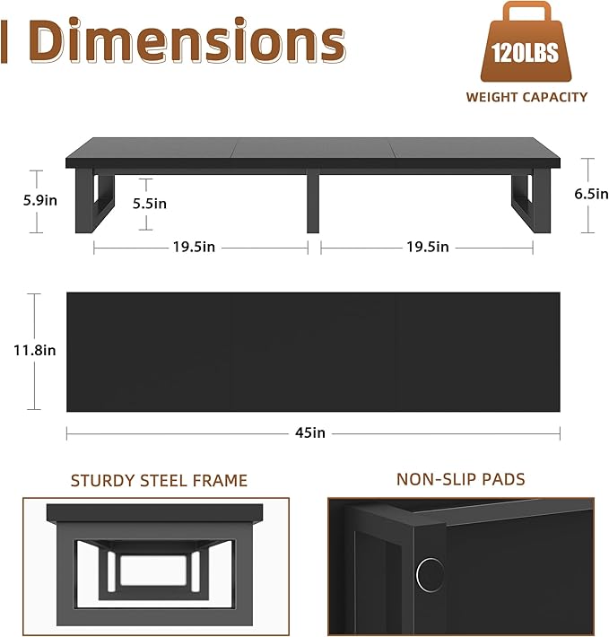 45" Large TV Riser for 32-60 inch TV, TV Riser Stand Shelf with Steel Legs, Tabletop TV Stand Riser for Home Office,Black - LeafyLoom