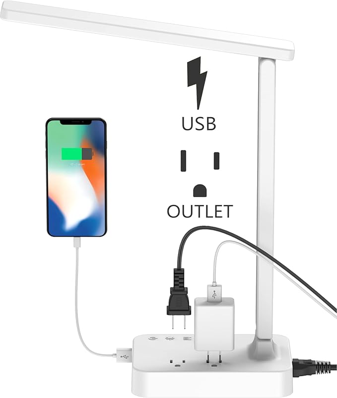 Drevet LED Desk Lamp, Desk Light with 1 USB Charging Port and 2 AC Power Outlet, 3 Lighting Modes, 3 Level Brightness,1H Timer, Touch Control, Eye-Caring Home Office Foldable Table Lamp (White) - LeafyLoom