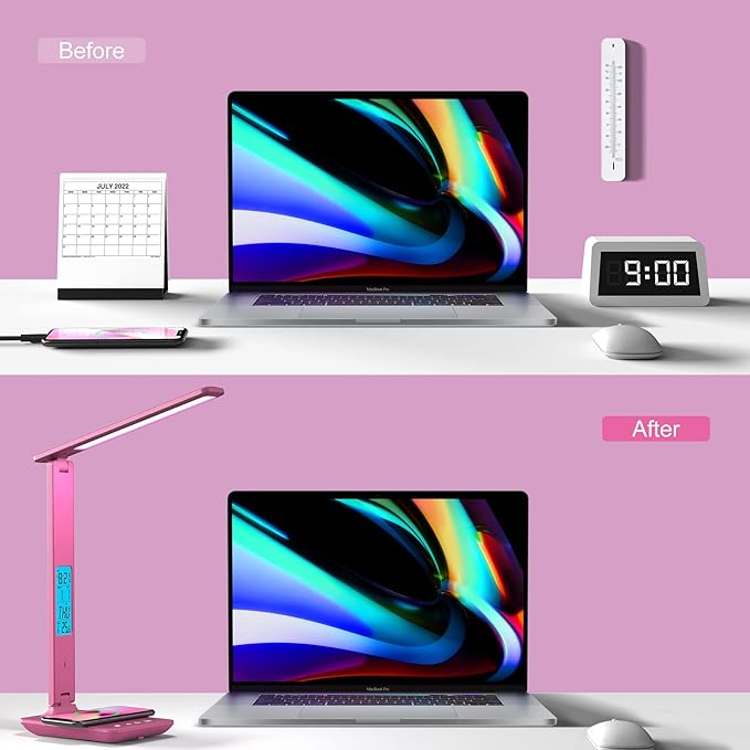 poukaran Desk Lamp, LED Desk Lamp with Wireless Charger, USB Charging Port, Table Lamp with Clock, Alarm, Date, Temperature, Office Lamp, Desk Lamps for Home Office, Pink - LeafyLoom