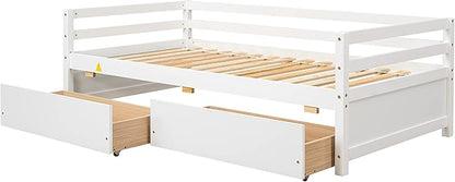 Twin Daybed with 2 Storage Drawers,Pinewood Twin Size Daybed Frame with Guardrail,for Boys/Girls/Teens Bedroom, Easy to Assemble, No Box Spring Needed,White - LeafyLoom