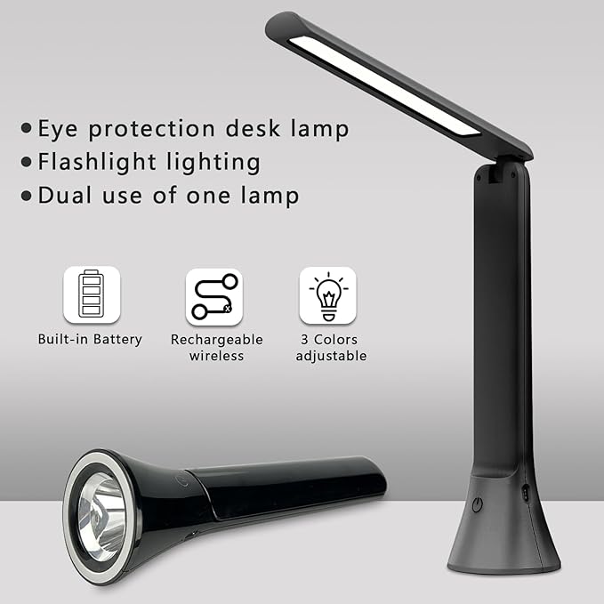 Rechargeable Desk Lamp with Flashlight Function, Battery Powered Desk Lamps for Home Office, Portable Foldable LED Desk Lamps, Cordless Desk Lamps, Small Lamps for Small Spaces, Black - LeafyLoom