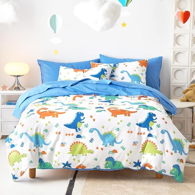 Wake In Cloud - Dinosaur Bedding Set for Boys, Cute Colorful Dinosaur Comforter Set with Sheets, 5 Pieces Kids Bed in a Bag, White Blue, Twin Size - LeafyLoom