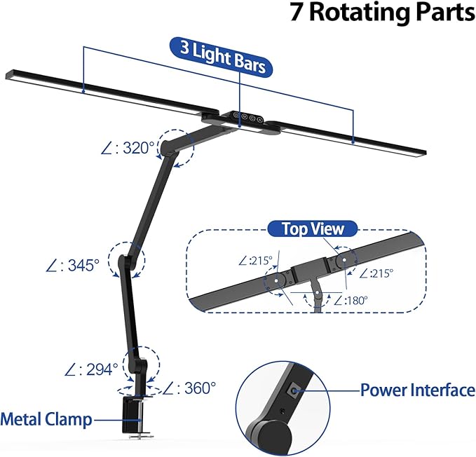 Transformable LED Desk Lamp, 37.4" Architect Desk Light with Clamp, 3 Light Bars for Home Office, 24W Ultra Bright Auto Dimming 5 CCT Modes & 5 Brightness Levels Table Light for L Shaped Desk - LeafyLoom