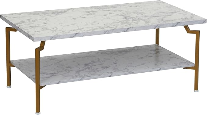 Household Essentials Crown Rectangular Coffee Table with Storage Shelf White Marble and Gold Metal - LeafyLoom