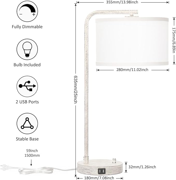 Table Lamp with Dual USB Charging Ports, Fully Dimmable Farmhouse Bedside Lamp, USB Nightstand Lamp with Brushed White Oak, Tall Reading Desk Lamp for Living Room, Bedroom, Office, LED Bulb Included - LeafyLoom