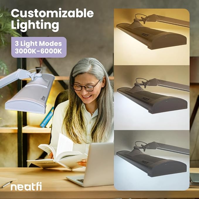 Neatfi Ultra 3,500 Lumen LED Desk Lamp, Color Correlated Temperature, 3 Light Modes, Dimmable, 45W, 26 Inch Wide Metal Shade, 540 SMD LEDs (CCT with Clamp, White) - LeafyLoom