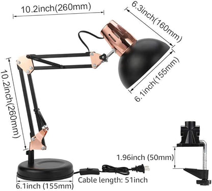 Metal Swing Arm Desk Lamps, Adjustable and Flexible, Feading with Base and Clip 2-in-1 Function, Fit E26&E27 Bulbs Base, Application in Bedroom Living Room, Office Home (Black+Rose Gold) - LeafyLoom