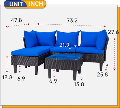 FDW 5 Pieces Patio Furniture Sets Outdoor Sectional Sofa Wicker Chair Rattan Conversation Set for Outdoor Backyard Porch Poolside Balcony Garden Furniture with Coffee Table,Blue Cushion - LeafyLoom