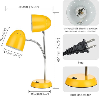 Eye-Caring Table Lamp of Simple Designs Home E26 Led Screw Basic Metal Desk Lamp with Flexible Gooseneck Hose Neck Study Lamp for Bedroom Office Living Room Convenient On/Off Switch(Yellow) - LeafyLoom